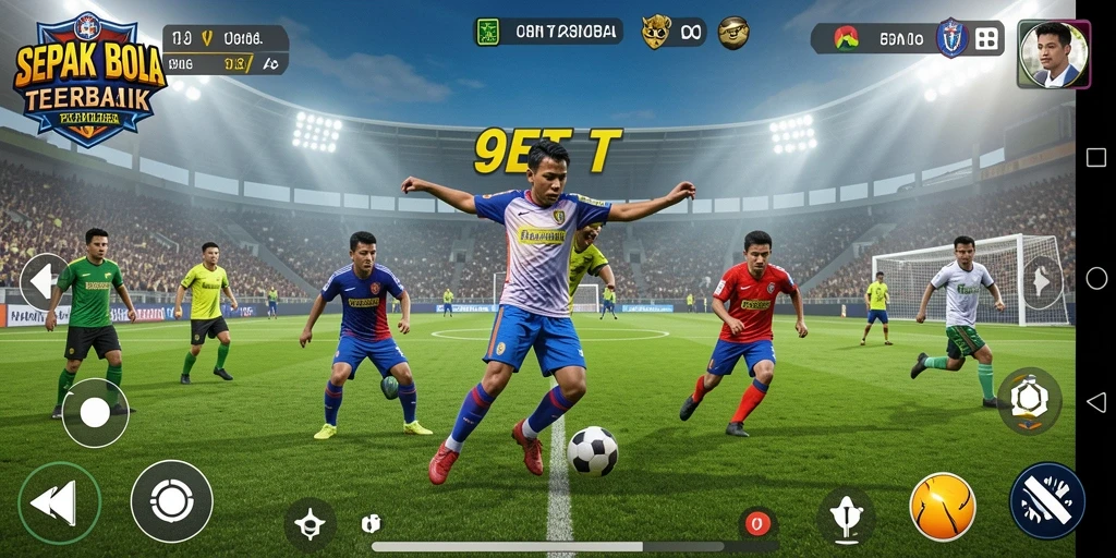 Screenshot utama 9ET menampilkan aksi seru di lapangan sepak bola.