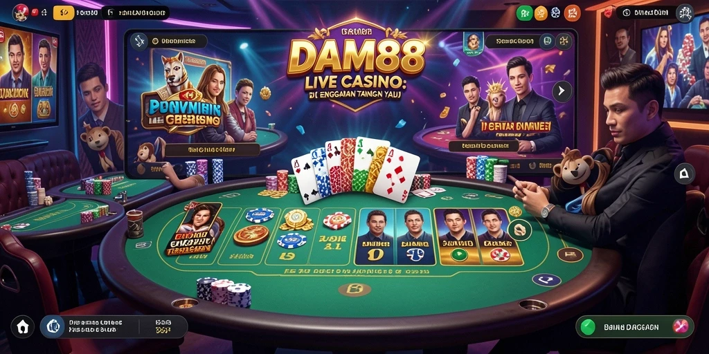 Screenshot gameplay Live Casino DAM88 dengan dealer profesional dan interaksi pemain.