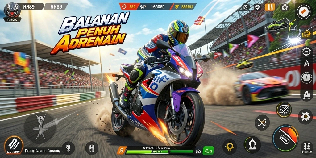 Tampilan gameplay RR89 yang menegangkan di trek balapan.